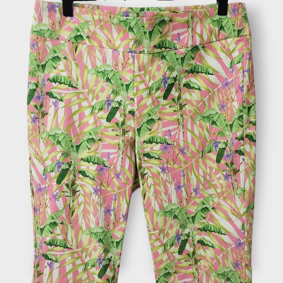 J. Mclaughlin Ivy Pant Pink Tropical Floral Sz 10 Crop Flare Pull On Stretch - Picture 2 of 12